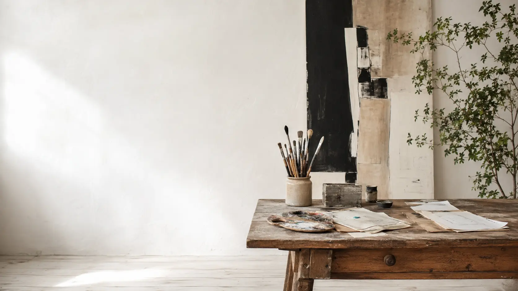 Atelier lumineux d’un artiste contemporain, avec une grande toile et une table de travail